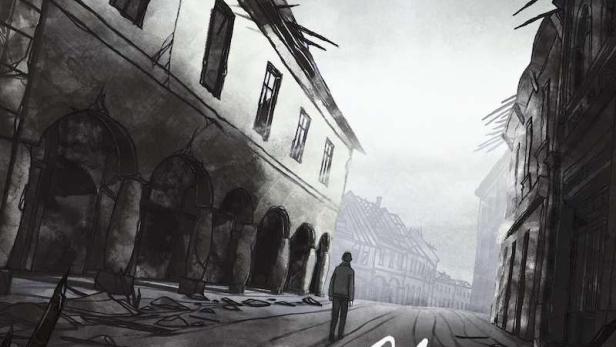 Ein Mann geht eine zerstörte Straße entlang, im Hintergrund das Filmplakat „Chris the Swiss“.