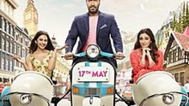 Das Filmplakat für „De De Pyaar De“ zeigt Ajay Devgn mit zwei Schauspielerinnen auf einem Motorroller.