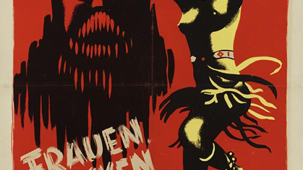 Plakat für „Frauen, Masken und Dämonen“ mit einer tanzenden Frau und einer dämonischen Maske.