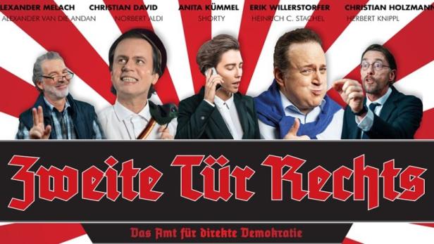 Das Ensemble von „Zweite Tür Rechts – Das Amt für direkte Demokratie“ posiert für ein Gruppenbild.