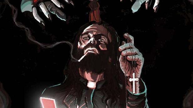 Ein Filmplakat für „Vampire Vienna“ mit einem Priester, der eine Kette mit Kreuz hält, und einem Vampir im Hintergrund.