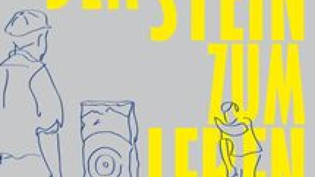 Das Filmplakat für „Der Stein zum Leben“ zeigt stilisierte Zeichnungen in Gelb und Blau auf grauem Grund.