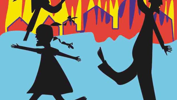 Das Filmplakat für „Wir sind Juden aus Breslau“ zeigt stilisierte, rennende Silhouetten vor bunten Häusern.