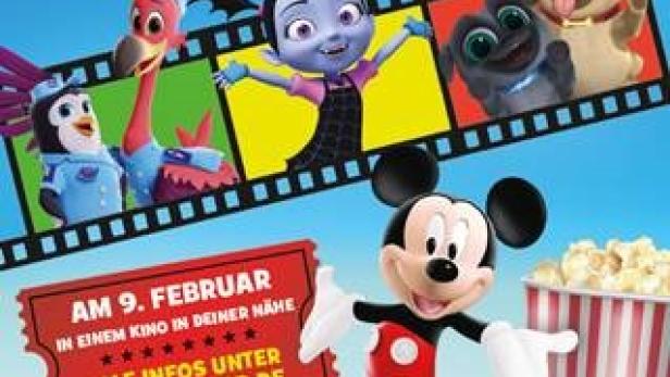 Werbung für das Disney Junior Mitmach-Kino am 9. Februar mit Mickey Mouse und anderen Disney-Figuren.
