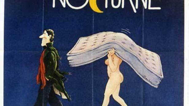 Das Filmplakat zu „Tapage Nocturne“ zeigt eine Frau mit einer Matratze und einen Mann.