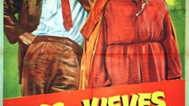 Das Filmplakat für „Los Jueves, Milagro“ mit Richard Basehart und einem Mann im religiösen Gewand.