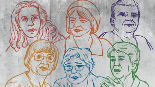 Das Filmplakat für „Uferfrauen“ zeigt stilisierte Porträts lesbischer Frauen vor einer Mauer.