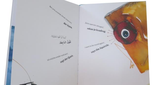 Ein aufgeschlagenes Buch zeigt Illustrationen und Text in verschiedenen Sprachen, darunter Deutsch, über die Form eines Kreises.