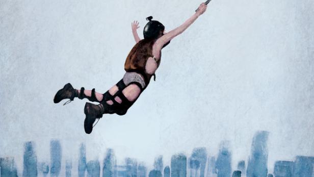 Ein Mensch macht ein Selfie mit einem Stick, während er über eine futuristische Stadt fliegt.