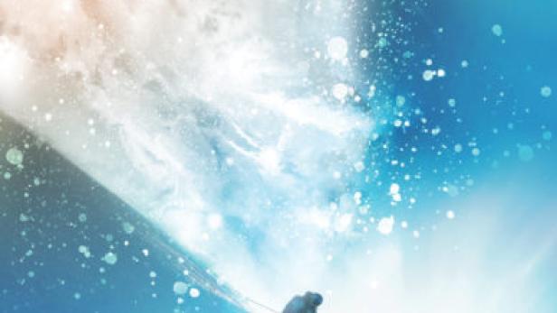 Ein Skifahrer fährt einen steilen Hang hinunter, im Hintergrund ein Veranstaltungsplakat für „Winterland“.