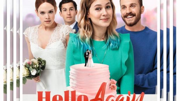 Das Filmplakat für „Hello Again – Ein Tag für Immer“ mit den Hauptdarstellern und einem Hochzeitstorten-Motiv.