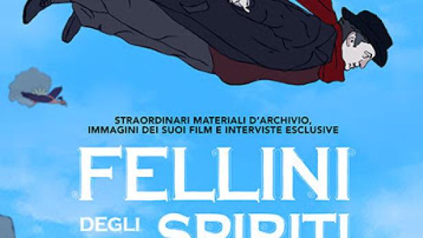 Das Filmplakat für „Fellini degli spiriti“ zeigt eine stilisierte, fliegende Figur vor blauem Himmel.