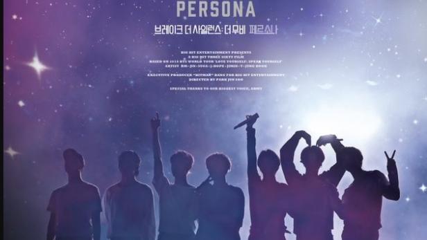 Das Filmplakat für „Break the Silence: Persona“ mit der Band BTS vor einem Sternenhimmel.