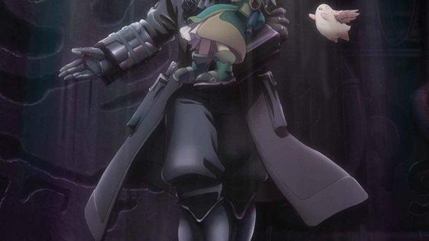 Ein Charakter in Rüstung hält ein Kind und ein geflügeltes Wesen auf einem Filmplakat für „Made in Abyss: Dawn of the Deep Soul“.