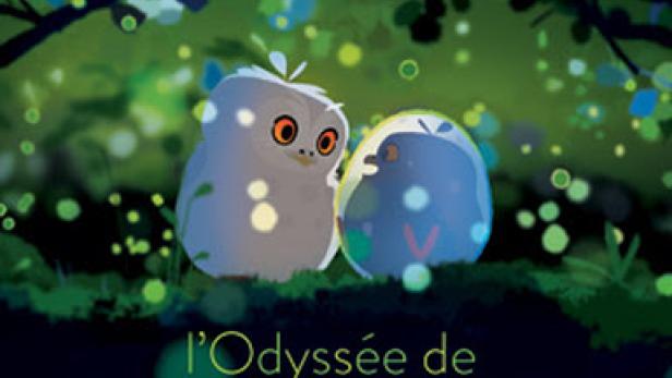 Das Filmplakat für „L'Odyssée de Choum“ zeigt zwei stilisierte Vogelfiguren im Wald.