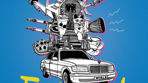 Das Filmplakat für „World Taxi“ zeigt einen mit Objekten beladenen Mercedes vor blauem Hintergrund.