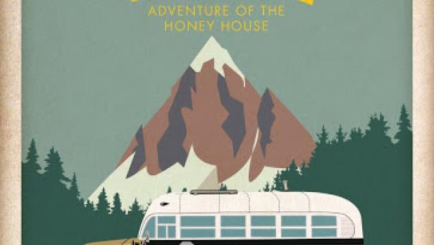 Das Poster für „Made in Voyage: Adventure of the Honey House“ zeigt Skifahrer vor einem Bus und Berg.