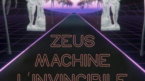 Ein Synthwave-inspiriertes Filmposter für „Zeus Machine L'Invincibile“ mit Statuen und Palmen.