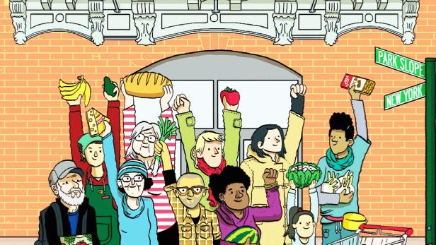 Das Filmplakat für „Food Coop“ zeigt eine Gruppe Menschen mit Lebensmitteln vor einer New Yorker Straßenszene.