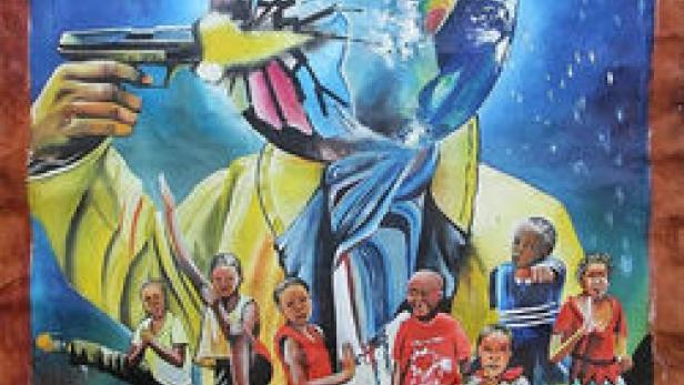 Ein Filmposter für „Crazy World“ von Wakaliwood mit einer Collage aus Action-Motiven.