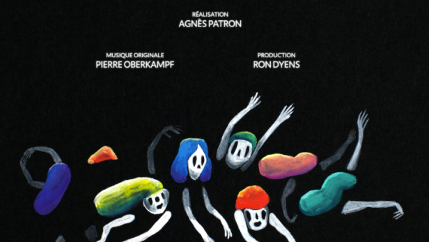 Das Poster für den Kurzfilm „L'Heure de l'Ours“ zeigt stilisierte Figuren auf schwarzem Grund.