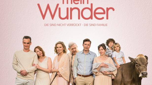 Das Filmplakat zu „Wanda, mein Wunder“ zeigt die Besetzung mit einer Kuh im Vordergrund.