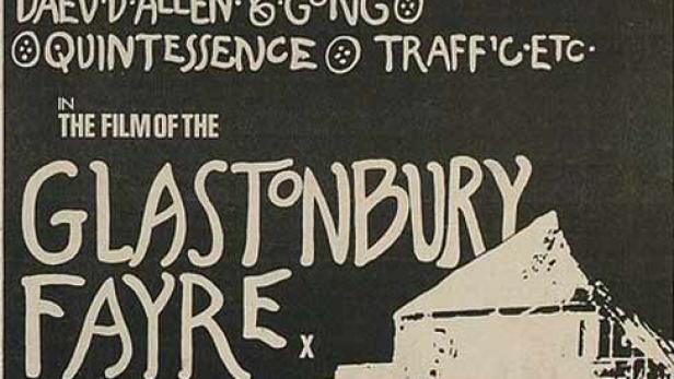 Ein Veranstaltungsplakat für „Glastonbury Fayre“ und „Zachariah, the First Electric Western“.