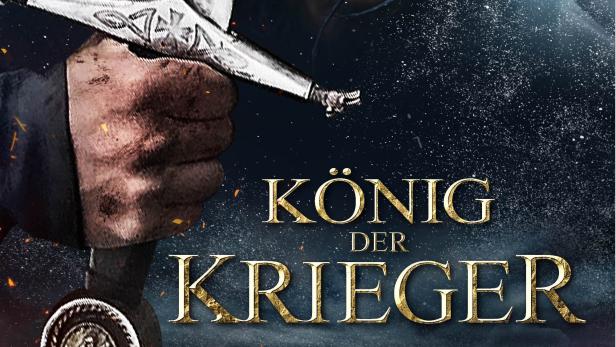 Ein Krieger mit Schwert im Gesicht, im Hintergrund eine Schlachtszene.