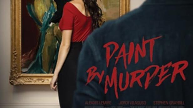 Ein Filmposter für „Paint by Murder“ mit einer Frau vor einem Gemälde und einem Mann im Vordergrund.