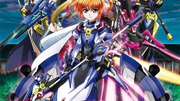Das Cover von „Magical Girl Lyrical Nanoha Detonation“ zeigt mehrere magische Mädchen in Kampfmontur.