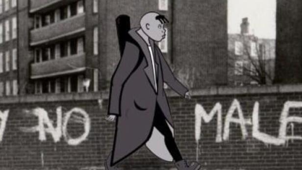 Eine stilisierte Figur mit Gitarre auf dem Rücken geht an einer Mauer mit Graffiti vorbei.