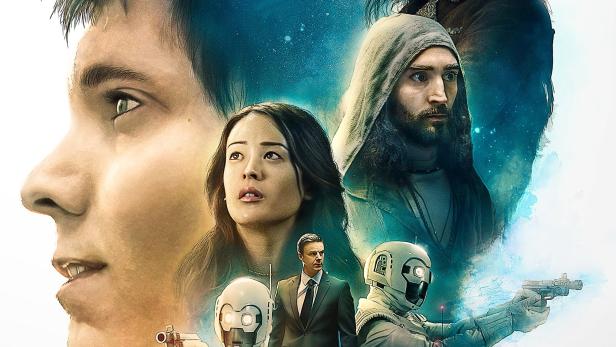 Das Filmplakat für „Proximity“ zeigt mehrere Charaktere und Roboter vor einem sternenklaren Hintergrund.