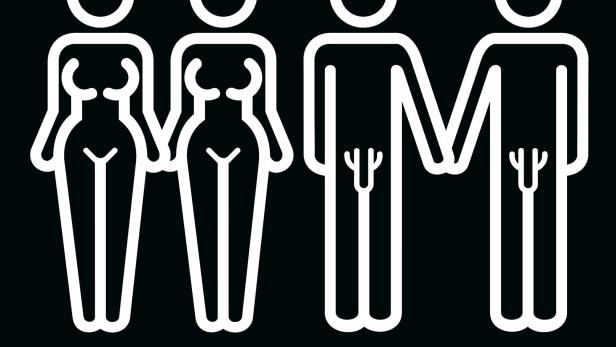 Eine stilisierte Darstellung von zwei Frauen und zwei Männern, mit dem Text „fucking different XXX“.