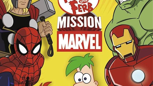 Das Cover von „Phineas und Ferb: Mission Marvel“ mit den Comicfiguren und Marvel-Superhelden.