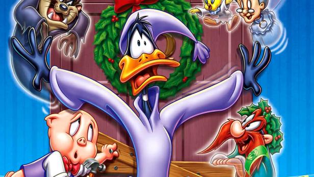 Das Cover des Looney Tunes Weihnachtsfilms „Bah, Humduck! Eine weihnachtliche Gaunergeschichte“ mit vielen Charakteren.