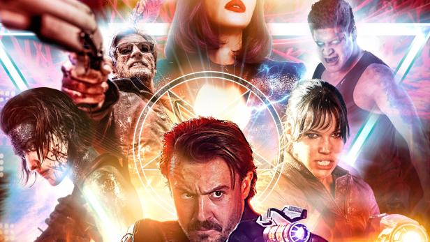 Das Filmplakat für „Nekrotronic“ zeigt eine Gruppe von Personen mit Waffen und einen Dämon.