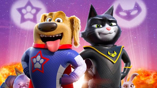 Das Filmplakat für „StarDog and TurboCat“ zeigt einen animierten Hund und eine Katze in Superheldenkostümen.