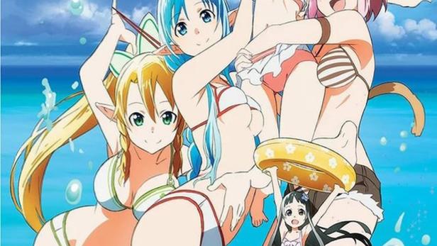 Das Cover von „Sword Art Online: Extra Edition“ zeigt Anime-Charaktere am Strand.