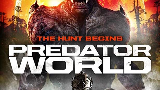 Das Filmplakat für „Predator World“ zeigt einen Predator und Soldaten vor einem roten Himmel.