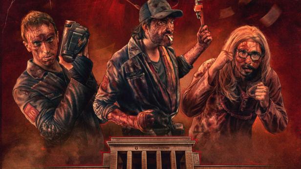 Das Filmplakat für „Exterminadores do Além contra a Loira do Banheiro“ zeigt drei Schädlingsbekämpfer vor einem roten Hintergrund.