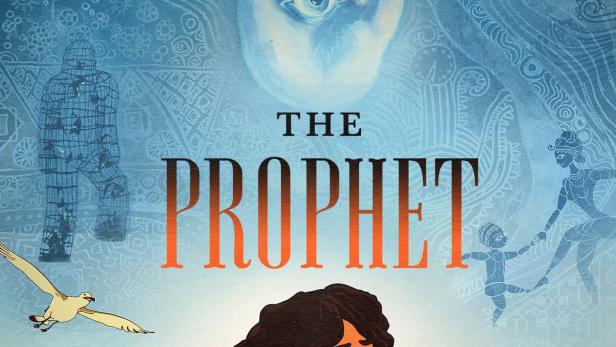 Das animierte Filmplakat für „Der Prophet“ zeigt ein junges Mädchen vor einer Küstenstadt.