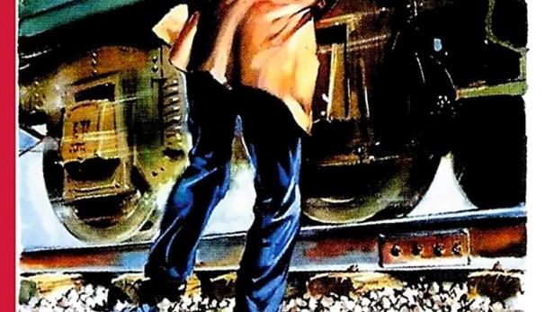 Ein Mann mit Hund steht neben einem Zug, Plakat für den Film „Umberto D.“.