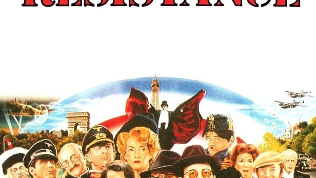 Das Filmplakat für „Papy fait de la résistance“ zeigt eine Gruppe von Menschen vor dem Hintergrund von Paris.
