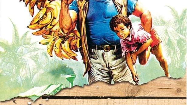 Das Filmplakat für „Banana Joe“ mit Bud Spencer und einem Jungen, der sich an ihn klammert, während er Bananen trägt.