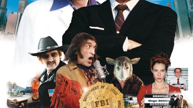 Das Filmplakat zu „Mais qui a tué Pamela Rose?“ zeigt eine Collage von Charakteren vor einer Skyline.