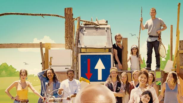 Das Filmplakat für „Problemos“ zeigt eine Gruppe von Menschen vor einem skurrilen Hintergrund.