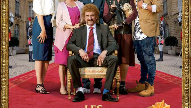 Das Filmplakat zu „Les Tuche 3“ zeigt die Familie vor dem Élysée-Palast.