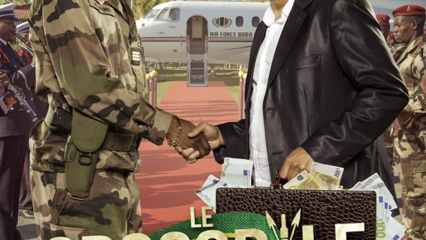 Ein Soldat und ein Mann im Anzug schütteln sich die Hände vor dem Hintergrund des Films „Le crocodile du Botswana“.