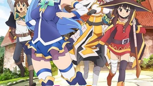 Die Hauptfiguren aus der Anime-Serie „KonoSuba“ stehen vor einem Gebäude.