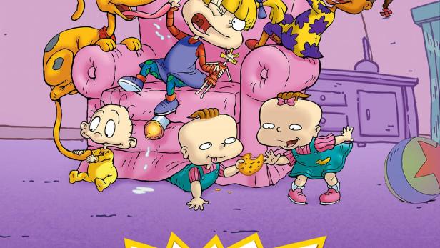 Die Rugrats-Charaktere spielen auf und um einen rosa Sessel herum.
